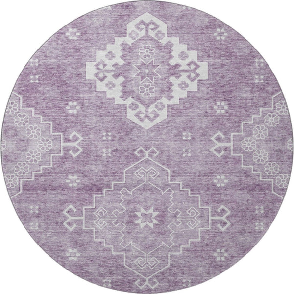 HomeRoots 8' Elegant Lavender & Ivory Medallion Round Rug - Washable, UV-Protected, Perfect for Any Space! 667417