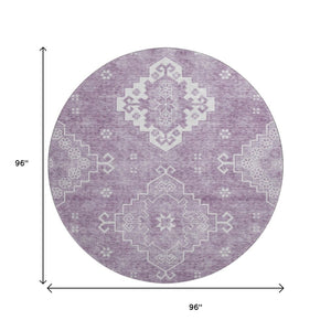 HomeRoots 8' Elegant Lavender & Ivory Medallion Round Rug - Washable, UV-Protected, Perfect for Any Space! 667417