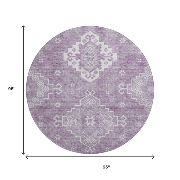 HomeRoots 8' Elegant Lavender & Ivory Medallion Round Rug - Washable, UV-Protected, Perfect for Any Space! 667417