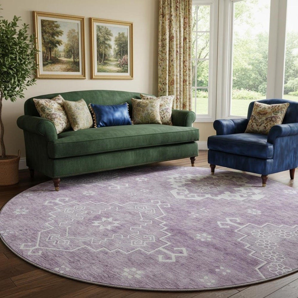 HomeRoots 8' Elegant Lavender & Ivory Medallion Round Rug - Washable, UV-Protected, Perfect for Any Space! 667417