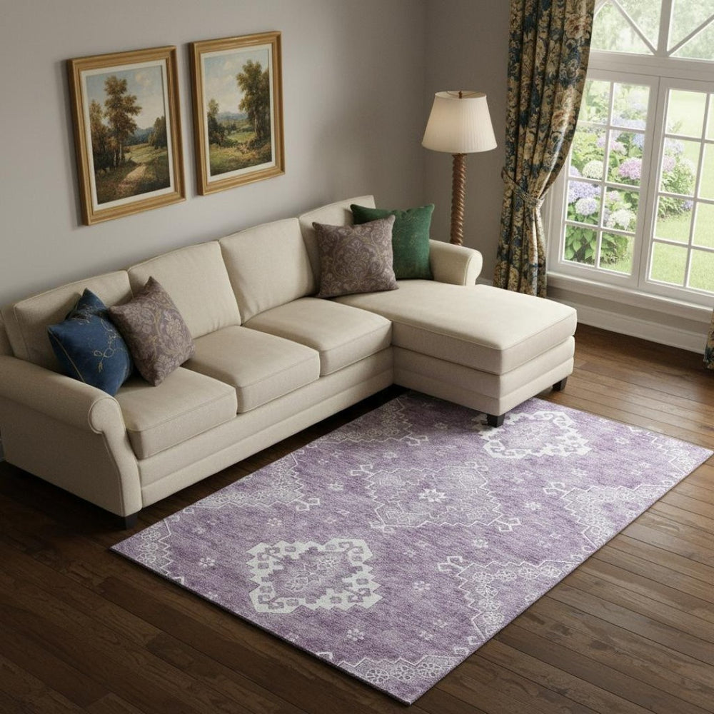 HomeRoots 8' X 10' Elegant Lavender Ivory Medallion Area Rug – Washable, Stain-Resistant, UV Protected Design 667418