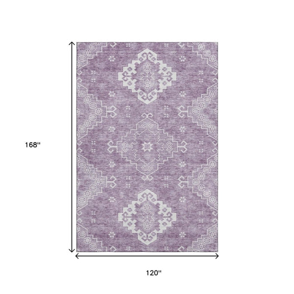 HomeRoots 10' X 14' Elegant Lavender & Ivory Medallion Area Rug - Washable, UV-Protected, Pet Friendly Design! 667420