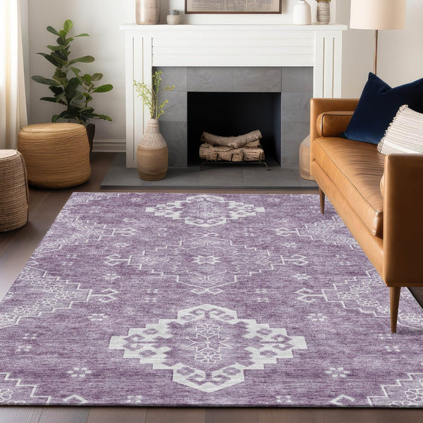 HomeRoots 10' X 14' Elegant Lavender & Ivory Medallion Area Rug - Washable, UV-Protected, Pet Friendly Design! 667420