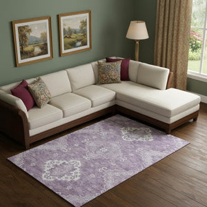 HomeRoots 10' X 14' Elegant Lavender & Ivory Medallion Area Rug - Washable, UV-Protected, Pet Friendly Design! 667420