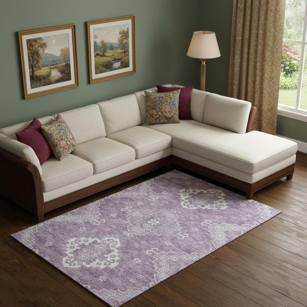 HomeRoots 10' X 14' Elegant Lavender & Ivory Medallion Area Rug - Washable, UV-Protected, Pet Friendly Design! 667420