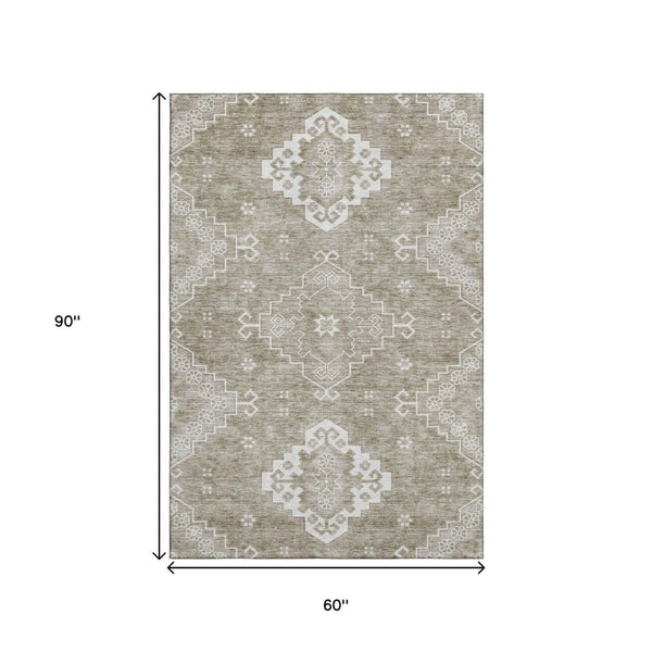 HomeRoots 5' X 8' Taupe & Ivory Medallion Area Rug – Washable, Durable, UV-Protected for Everyday Elegance 667422