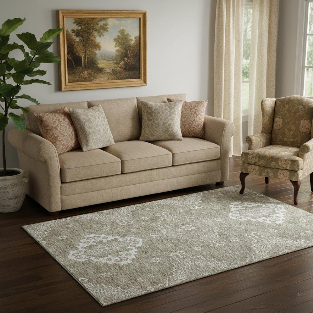 HomeRoots 5' X 8' Taupe & Ivory Medallion Area Rug – Washable, Durable, UV-Protected for Everyday Elegance 667422