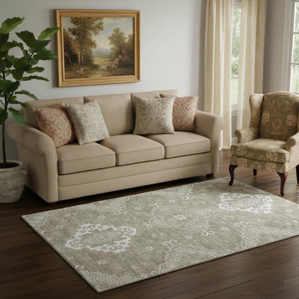 HomeRoots 5' X 8' Taupe & Ivory Medallion Area Rug – Washable, Durable, UV-Protected for Everyday Elegance 667422