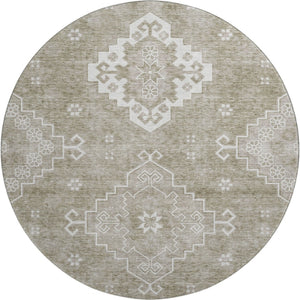 HomeRoots 8' Taupe and Ivory Medallion Washable Round Rug - Timeless Style with UV Protection & Easy Care! 667423