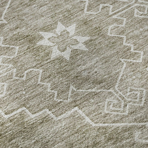 HomeRoots 8' Taupe and Ivory Medallion Washable Round Rug - Timeless Style with UV Protection & Easy Care! 667423