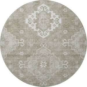 HomeRoots 8' Taupe and Ivory Medallion Washable Round Rug - Timeless Style with UV Protection & Easy Care! 667423