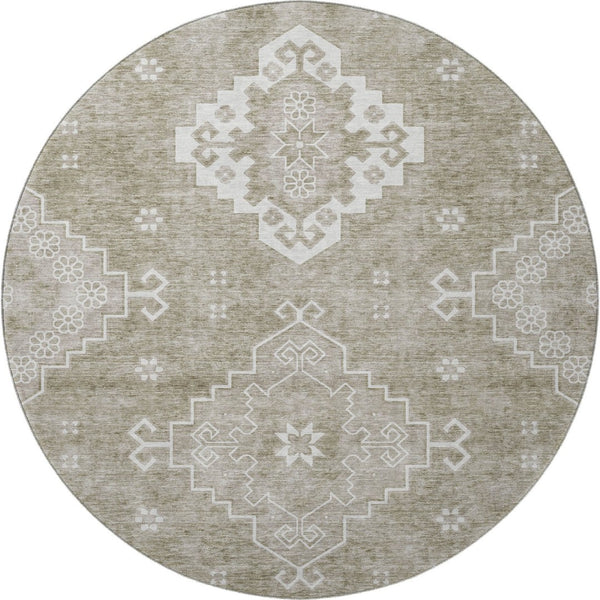 HomeRoots 8' Taupe and Ivory Medallion Washable Round Rug - Timeless Style with UV Protection & Easy Care! 667423