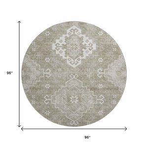 HomeRoots 8' Taupe and Ivory Medallion Washable Round Rug - Timeless Style with UV Protection & Easy Care! 667423