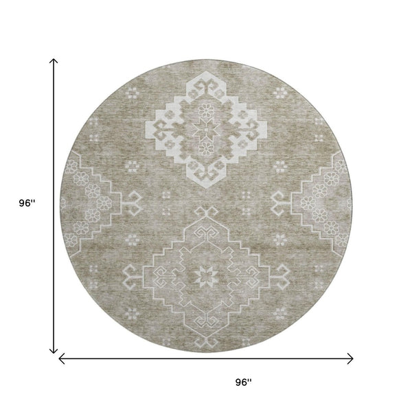 HomeRoots 8' Taupe and Ivory Medallion Washable Round Rug - Timeless Style with UV Protection & Easy Care! 667423