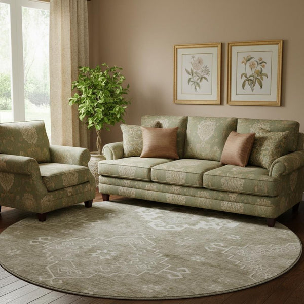 HomeRoots 8' Taupe and Ivory Medallion Washable Round Rug - Timeless Style with UV Protection & Easy Care! 667423