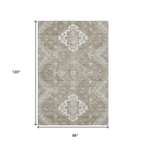 HomeRoots 8' X 10' Taupe And Ivory Medallion Washable Area Rug – UV Protected, Stain Resistant, Family Friendly! 667424