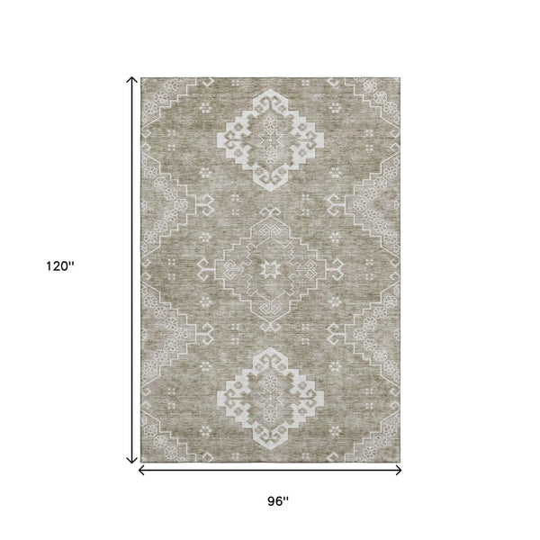 HomeRoots 8' X 10' Taupe And Ivory Medallion Washable Area Rug – UV Protected, Stain Resistant, Family Friendly! 667424