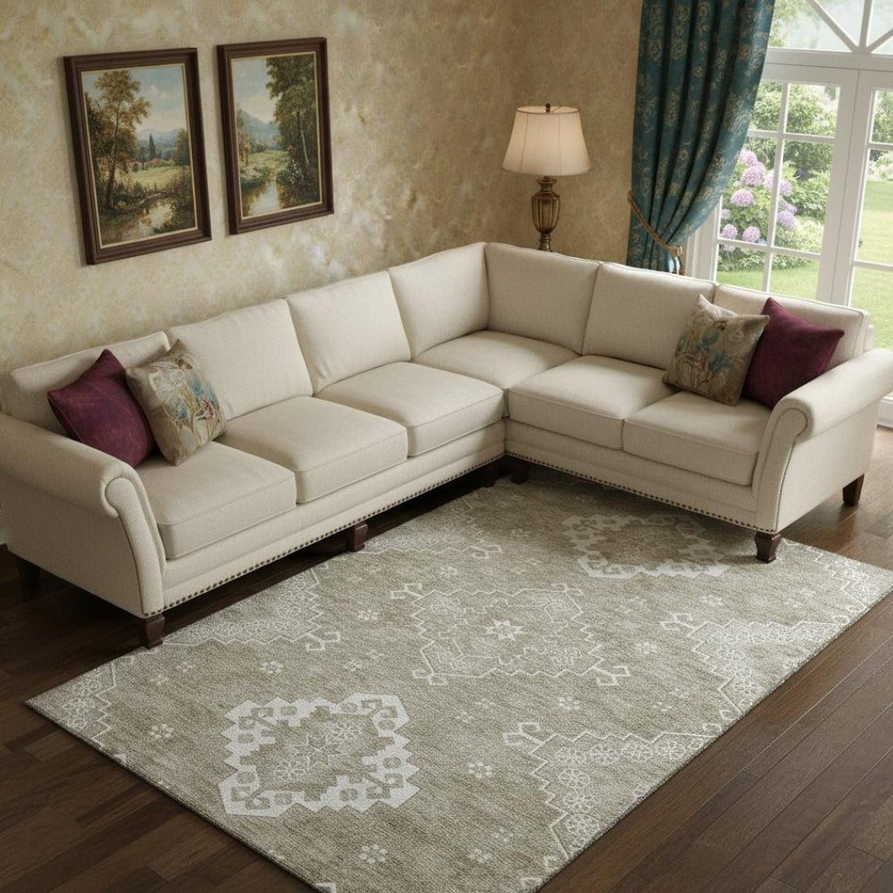 HomeRoots 8' X 10' Taupe And Ivory Medallion Washable Area Rug – UV Protected, Stain Resistant, Family Friendly! 667424