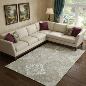HomeRoots 8' X 10' Taupe And Ivory Medallion Washable Area Rug – UV Protected, Stain Resistant, Family Friendly! 667424