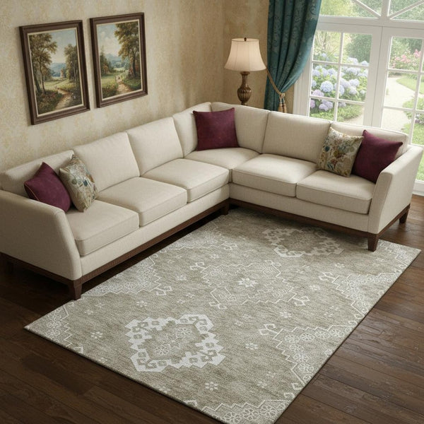 HomeRoots 8' X 10' Taupe And Ivory Medallion Washable Area Rug – UV Protected, Stain Resistant, Family Friendly! 667424