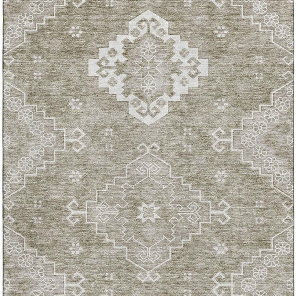 HomeRoots 8' X 10' Taupe And Ivory Medallion Washable Area Rug – UV Protected, Stain Resistant, Family Friendly! 667424