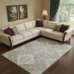 HomeRoots 9' X 12' Elegant Taupe & Ivory Medallion Area Rug – Washable, UV-Protected, Ideal for High-Traffic Homes 667425