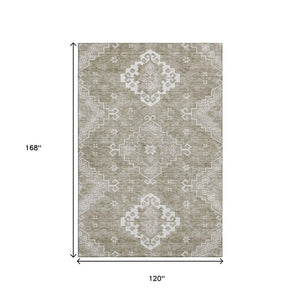 HomeRoots 10' X 14' Taupe & Ivory Medallion Area Rug - Washable, UV-Protected, Stain-Resistant for Busy Homes 667426