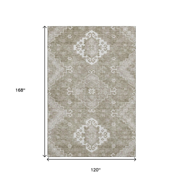 HomeRoots 10' X 14' Taupe & Ivory Medallion Area Rug - Washable, UV-Protected, Stain-Resistant for Busy Homes 667426