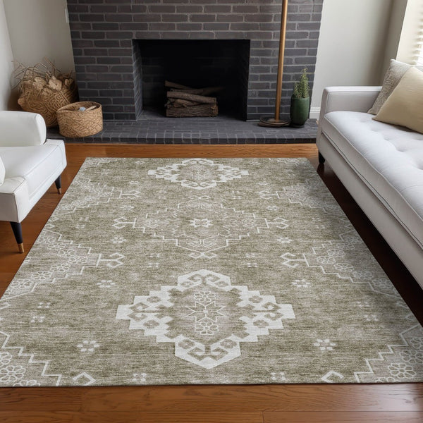 HomeRoots 10' X 14' Taupe & Ivory Medallion Area Rug - Washable, UV-Protected, Stain-Resistant for Busy Homes 667426