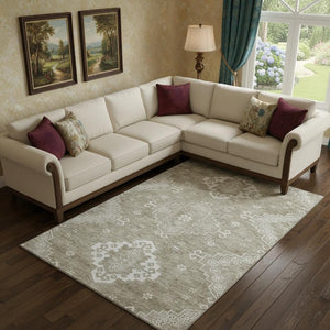 HomeRoots 10' X 14' Taupe & Ivory Medallion Area Rug - Washable, UV-Protected, Stain-Resistant for Busy Homes 667426