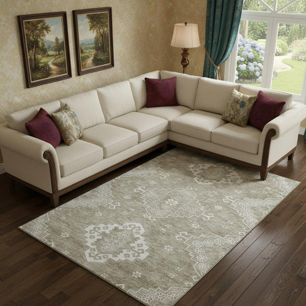 HomeRoots 10' X 14' Taupe & Ivory Medallion Area Rug - Washable, UV-Protected, Stain-Resistant for Busy Homes 667426