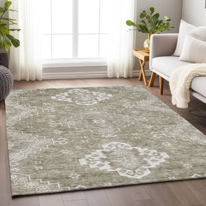 HomeRoots 10' X 14' Taupe & Ivory Medallion Area Rug - Washable, UV-Protected, Stain-Resistant for Busy Homes 667426