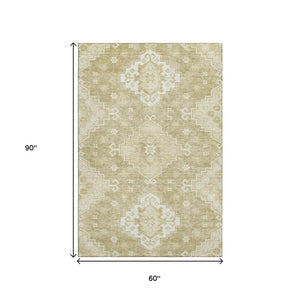 HomeRoots 5' X 8' Wheat And Ivory Medallion Rug - Stylish, Washable, Stain Resistant & UV Protected for Homes 667428