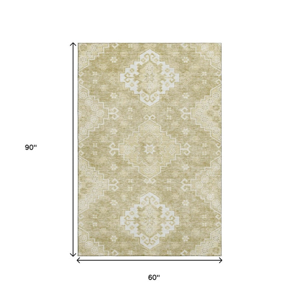 HomeRoots 5' X 8' Wheat And Ivory Medallion Rug - Stylish, Washable, Stain Resistant & UV Protected for Homes 667428