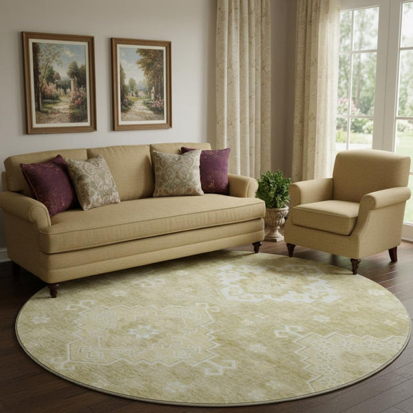 HomeRoots 8' Wheat and Ivory Medallion Washable Round Rug – Elegant, Durable, UV-Protected for Any Space 667429