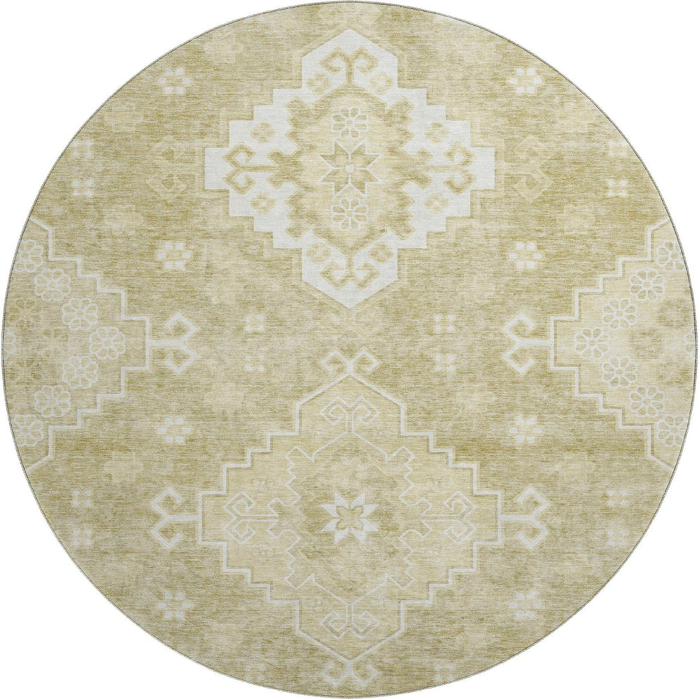 HomeRoots 8' Wheat and Ivory Medallion Washable Round Rug – Elegant, Durable, UV-Protected for Any Space 667429