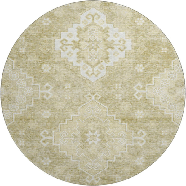 HomeRoots 8' Wheat and Ivory Medallion Washable Round Rug – Elegant, Durable, UV-Protected for Any Space 667429