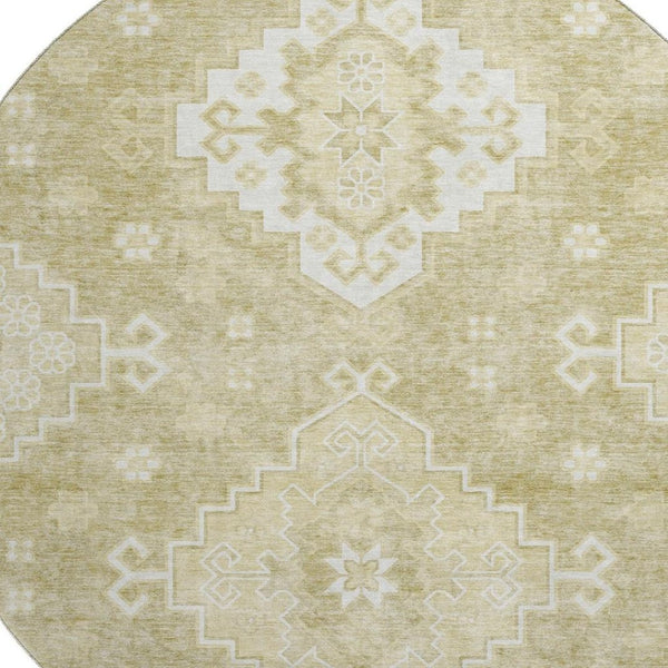 HomeRoots 8' Wheat and Ivory Medallion Washable Round Rug – Elegant, Durable, UV-Protected for Any Space 667429