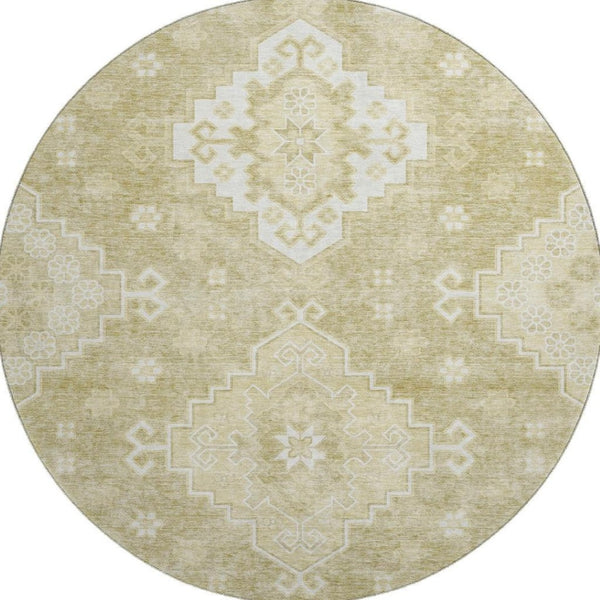 HomeRoots 8' Wheat and Ivory Medallion Washable Round Rug – Elegant, Durable, UV-Protected for Any Space 667429