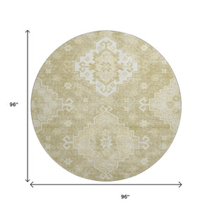 HomeRoots 8' Wheat and Ivory Medallion Washable Round Rug – Elegant, Durable, UV-Protected for Any Space 667429
