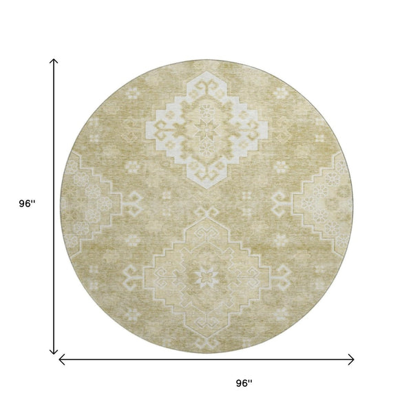 HomeRoots 8' Wheat and Ivory Medallion Washable Round Rug – Elegant, Durable, UV-Protected for Any Space 667429