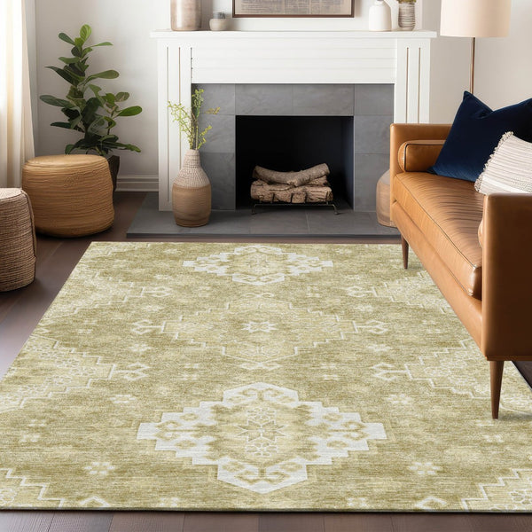 HomeRoots 8' X 10' Wheat and Ivory Medallion Area Rug – Stylish, Washable, UV-Protected for Busy Homes! 667430