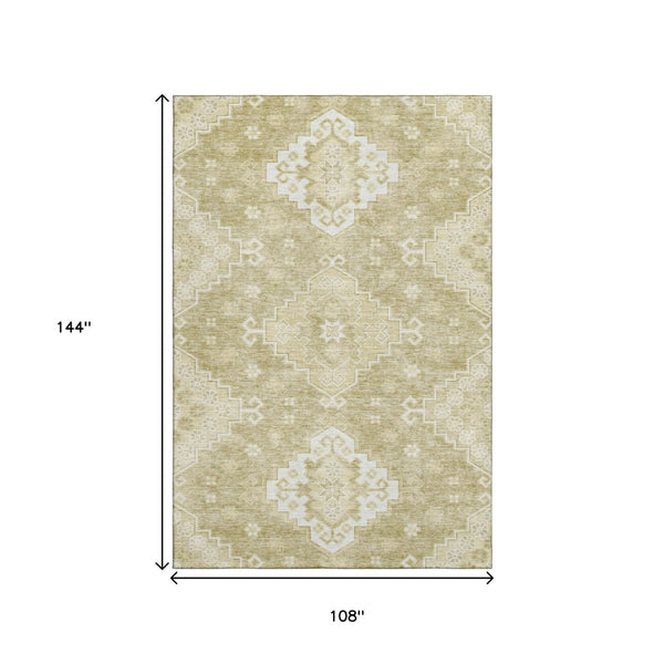 HomeRoots 9' X 12' Wheat Medallion Area Rug - Washable, UV Protected, Stain Resistant for Busy Homes & Style 667431