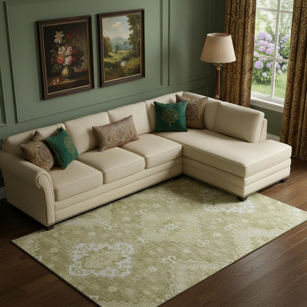 HomeRoots 9' X 12' Wheat Medallion Area Rug - Washable, UV Protected, Stain Resistant for Busy Homes & Style 667431