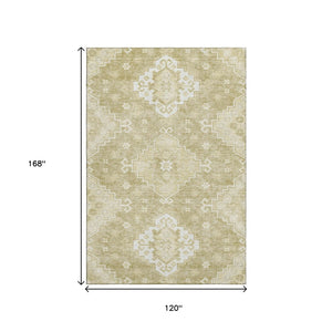 HomeRoots 10' Wheat and Ivory Medallion Area Rug - Washable, UV-Protected, Durable for Homes with Kids & Pets 667432