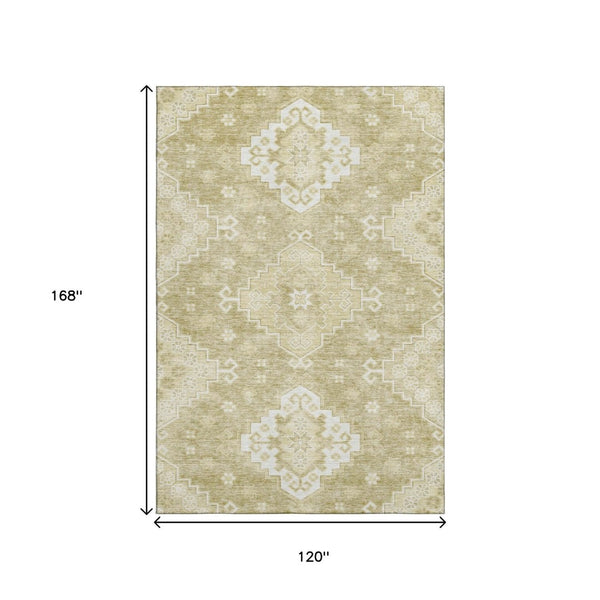 HomeRoots 10' Wheat and Ivory Medallion Area Rug - Washable, UV-Protected, Durable for Homes with Kids & Pets 667432