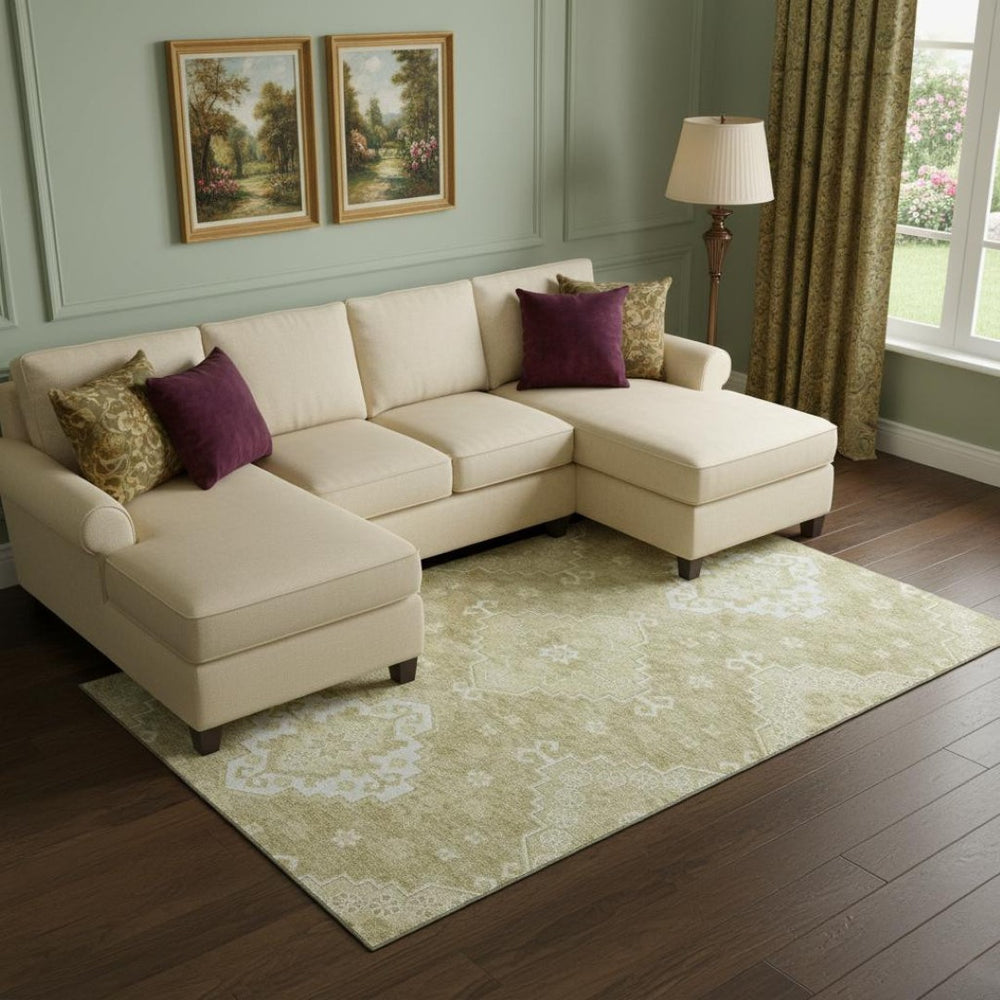 HomeRoots 10' Wheat and Ivory Medallion Area Rug - Washable, UV-Protected, Durable for Homes with Kids & Pets 667432