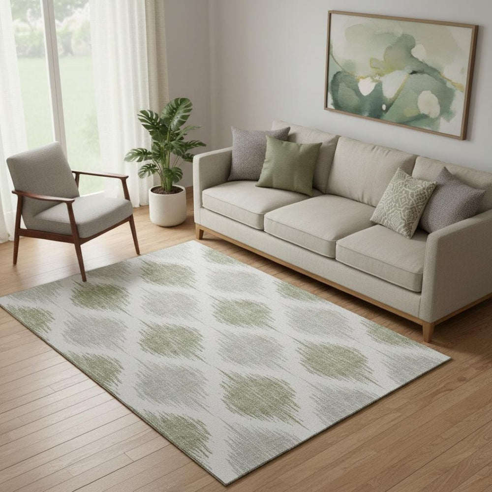 HomeRoots 5' X 8' Stylish Artichoke Green Ikat Area Rug – Durable, Washable, UV-Protected for Everyday Use 667439