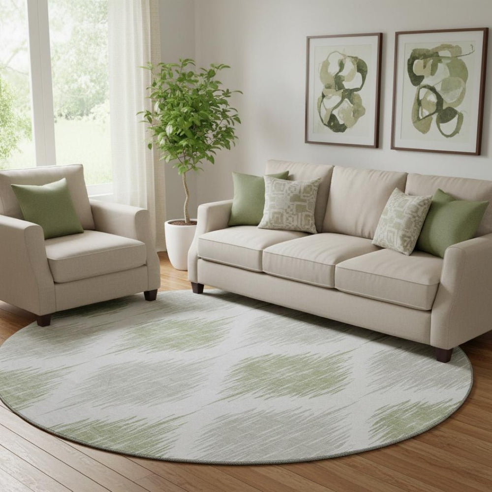 HomeRoots 8' Artichoke Green Ikat Washable Round Rug - Stylish, Durable, UV-Protected for Indoor & Outdoor Use 667440