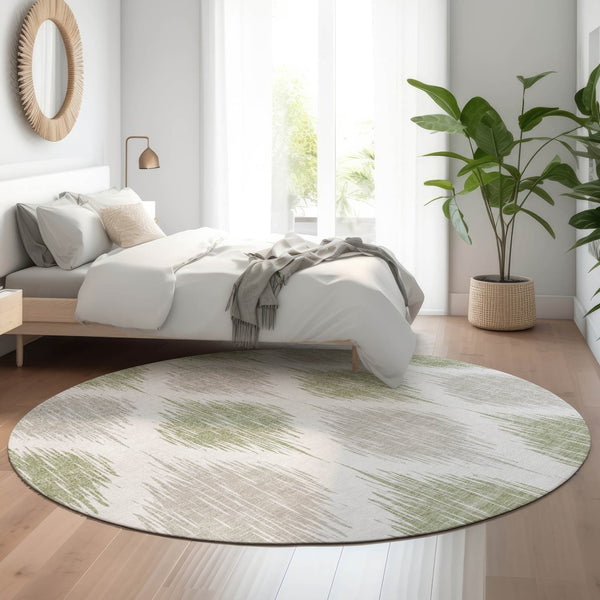 HomeRoots 8' Artichoke Green Ikat Washable Round Rug - Stylish, Durable, UV-Protected for Indoor & Outdoor Use 667440
